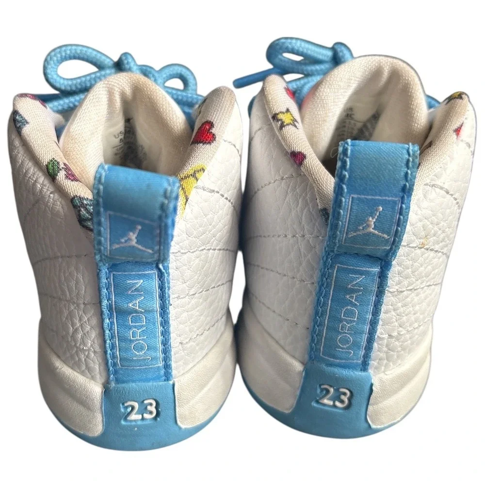 Jordan 12 Retro Emoji Sneakers, Infant Crib Shoes Size 4C, White/University Blue